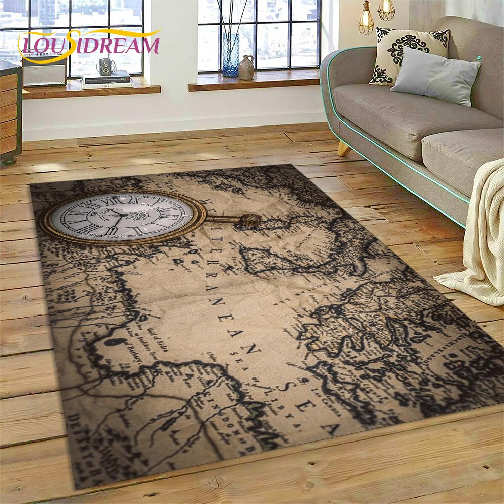 Ancient Nautical Chart World Map Compass Rug Carpet for Living Room Bedroom Decor,Floor Mat Non-slip Decoration for Sofa Doormat