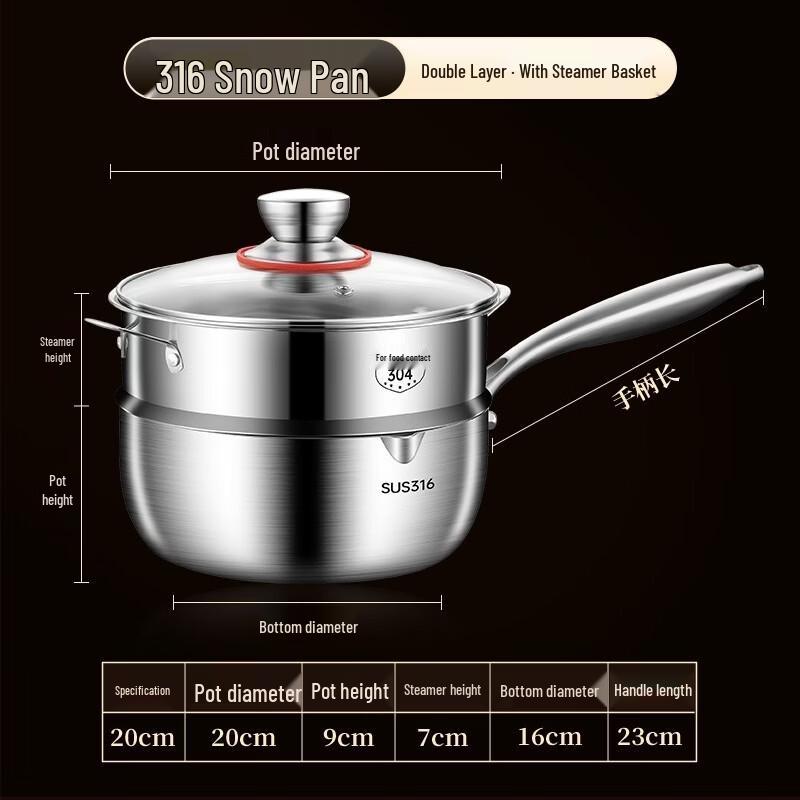 316 Stainless Steel Yukihira Noodle Pot with Steamer, 20cm