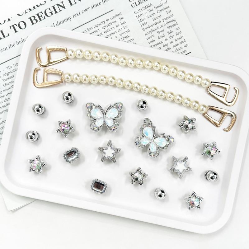 20 szt. Modny Zestaw Ozdób do Butów Akcesoria Klamra do Butów z Dziurkami Diament Motyl Gwiazda Perła Łańcuszek DIY Dekoracje na Buty Prezent dla Dziewczynek