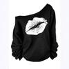 European & American Women's Red Lips Pattern Off-Shoulder Loose Fit Long Sleeve Sweater