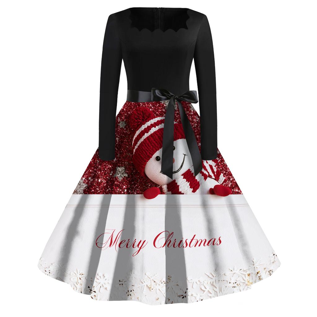 Women's Casual Fashion Christmas Print Square Neck Vintage Dress for Holiday Party