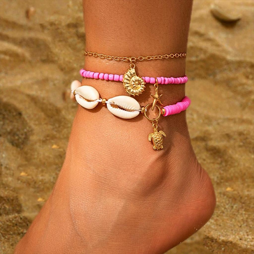 Bohemian Shell Starfish Beaded Anklets Set for Women Fashion Summer Beach Sea Shell Multilayer Chain Ankle Jewelry