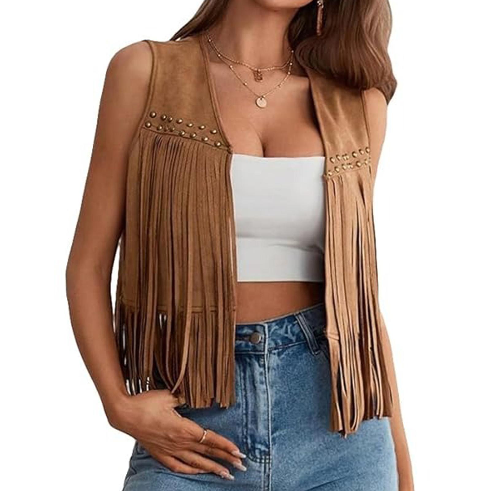 

Women s Suede Tassel Vest 70s Hippie Outfit Sleeveless Open Front Vest Western Jacket S коричневий
