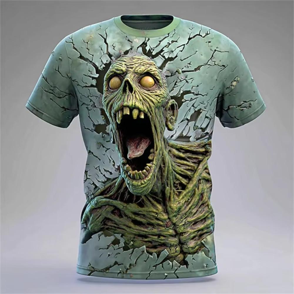 New Halloween Weird Skull Print Casual Crew Neck Short Sleeve Loose T-Shirt