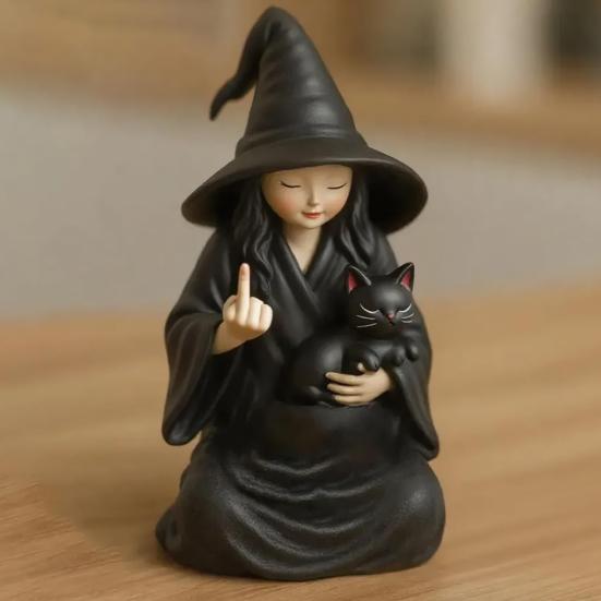 Halloween Ornament Dark Humor Witchcraft Vibe Creepy Witch Statue Black Robe Cat Themed Resin Home Decor