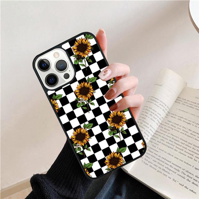 Checkered Sunflower Rose Design Cover For iPhone 17 Air 15 16 14 13 12 Pro Max 11 Pro Max Plus Phone Case Coque