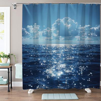 1pc Elegant Dark Night Sea Shower Curtain - Digital Print Polyester, Woven with Starry Ocean & Clouds Design, Machine Washable,