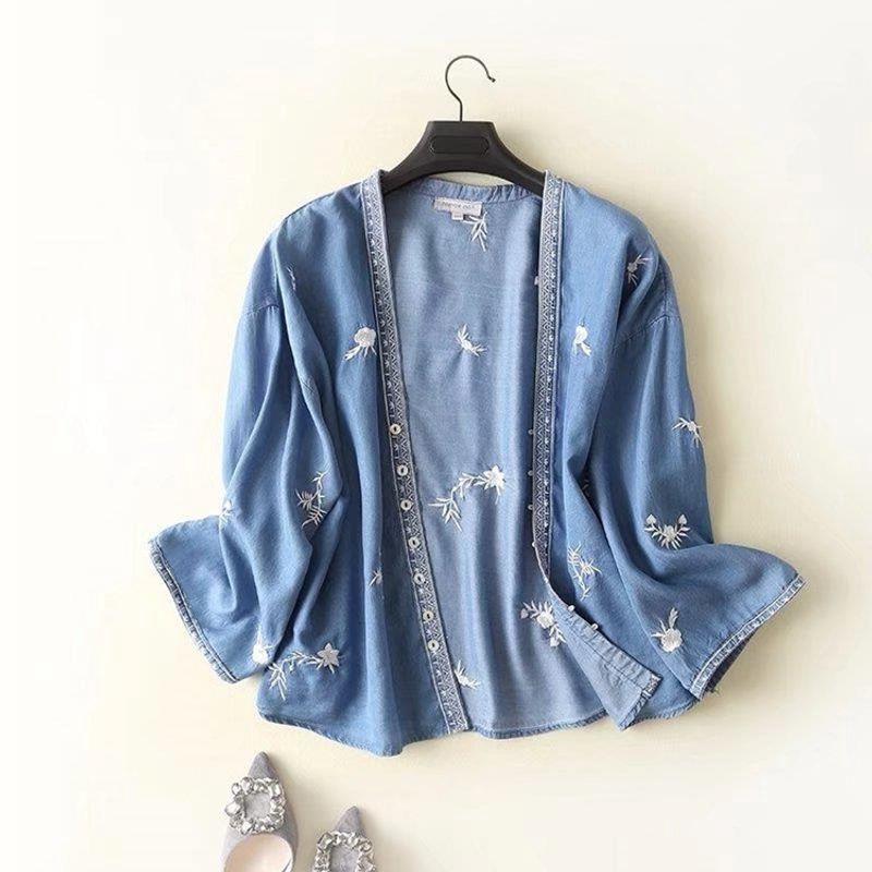 

Тенсел Тонкая Свободная Джинсовая Рубашка с Машинной Вышивкой Collection plus purchase, priority delivery ~ M