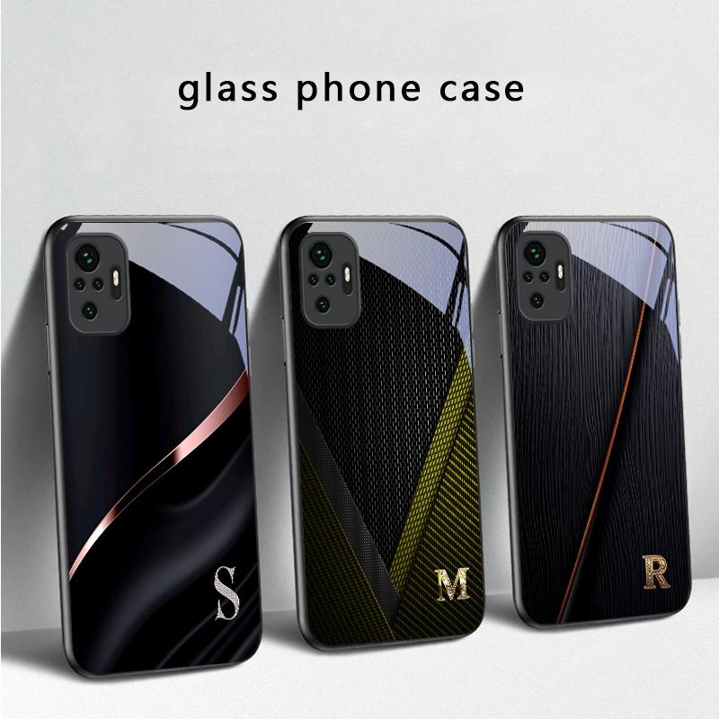 Elegant letter 'S M R' For Redmi Note 14 Pro+ 13 Pro 8 9 9S 12S 10 Pro 11 12 13C 14C A3 12 13 K60 Ultra Black Glass Phone Case