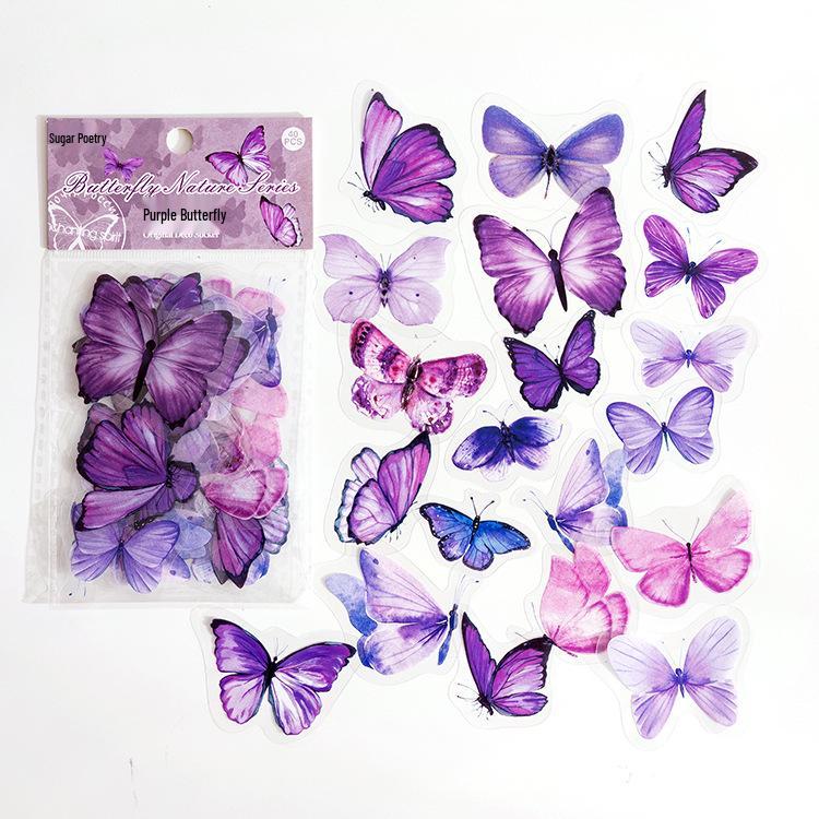 Sugar Poetry Butterfly Nature PET Sticker Pack: Retro Journal DIY Decoration - 40 Sheets in 8 Designs.