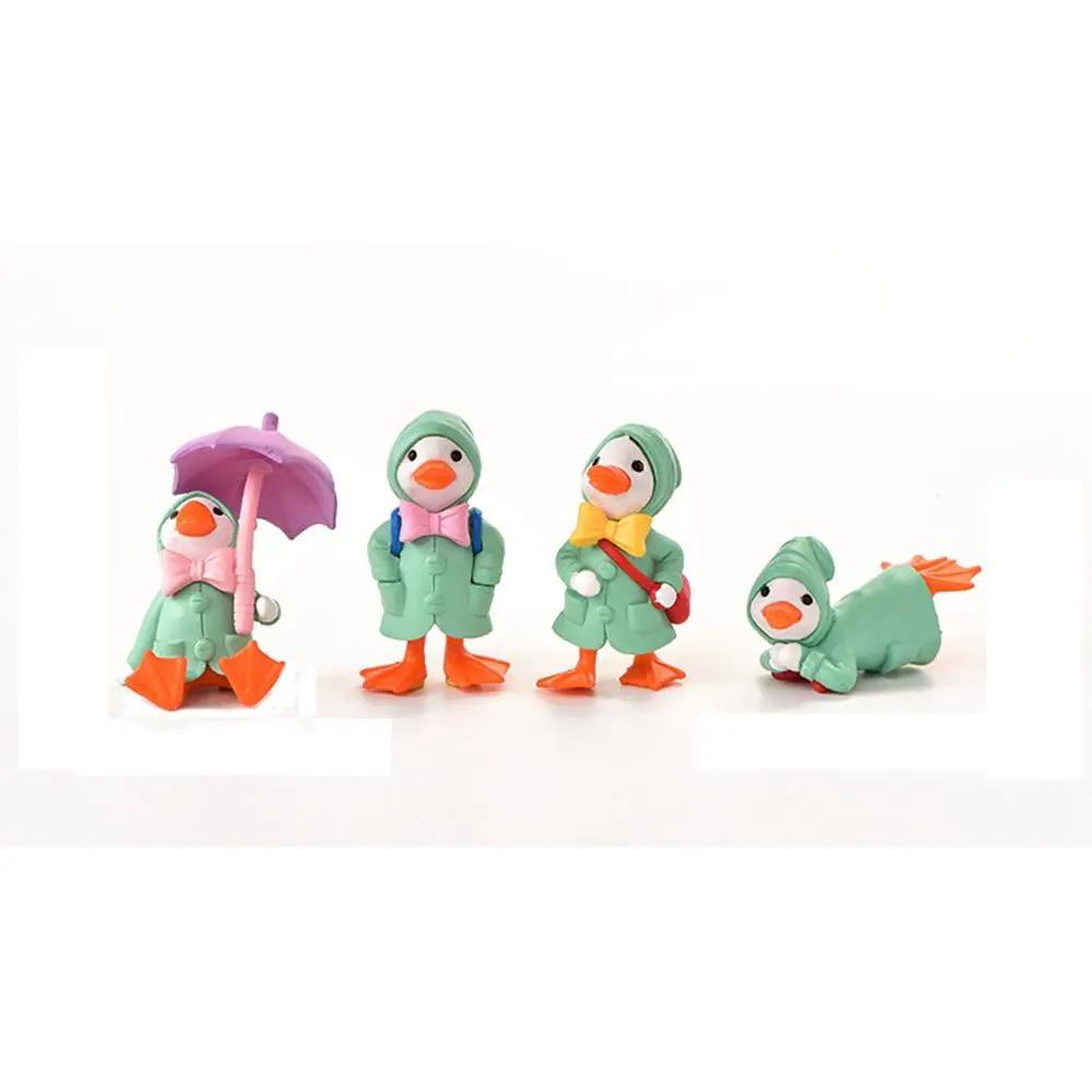 4pcs/set Umbrella Raincoat Cute Cartoon Duck Miniature Figurine Ornaments Yellow Ducklings Figurine for Miniature Garden Decor