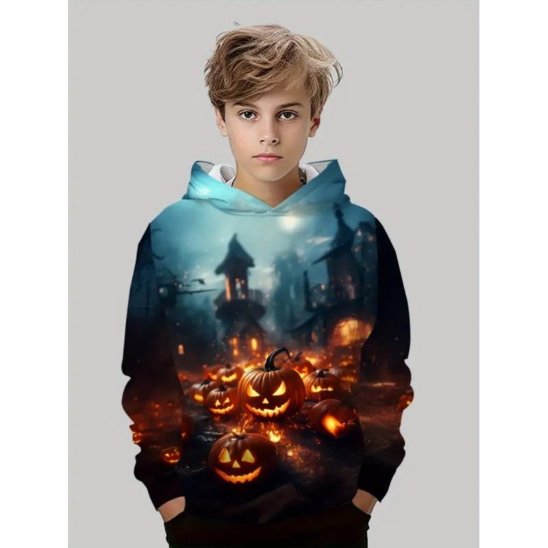 Felpa di Halloween per Bambini Ragazzi Ragazze Elementi Testa di Zucca Stampa 3D Felpe con Cappuccio Moda Autunno Inverno Maglione Abbigliamento per Bambini