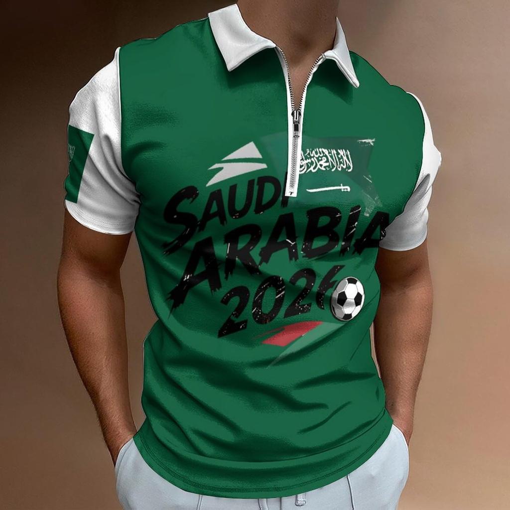 Men’s Casual Loose Fit Polo Shirt with Letter Print Zip Collar Short Sleeve Comfortable Breathable Top for Everyday Wear