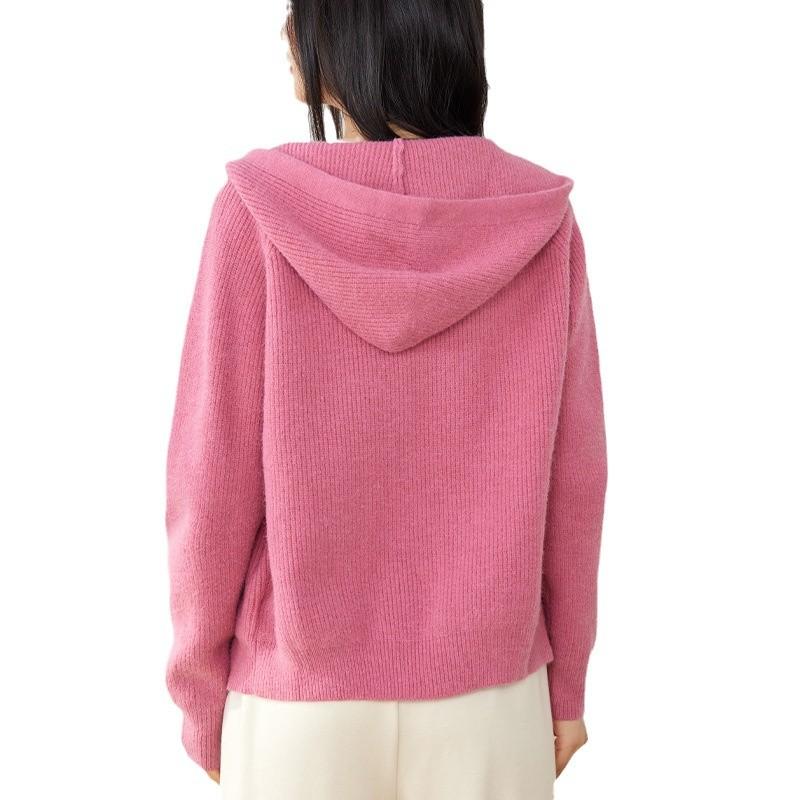 Pink Knitted Hooded Sweatshirt Cardigan for Women In Autumn and Winter Bottoming Shirt New Lazy Style Purple Sweater Jacket