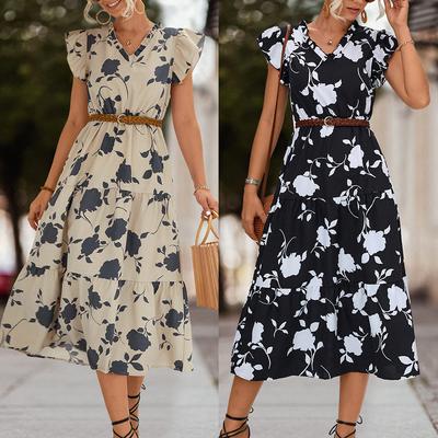 Spring/Summer V-neck Printed Flying Sleeve Dress