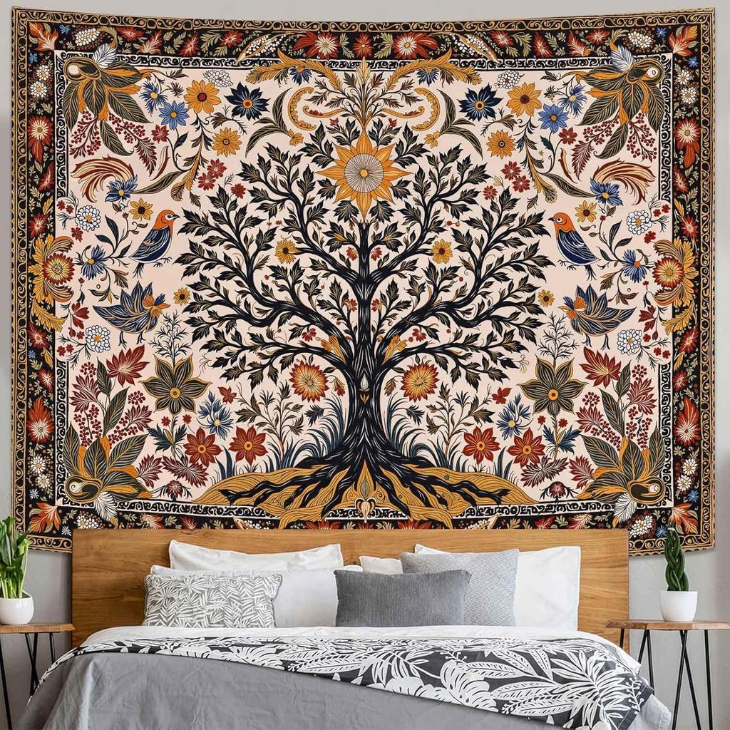 Vintage Levensboom Wandkleed, Boho Bloemen Vogel Botanisch Wandkleed, Etnisch Bloemen Wandkleed voor Huis Slaapkamer Studentenkamer Decor