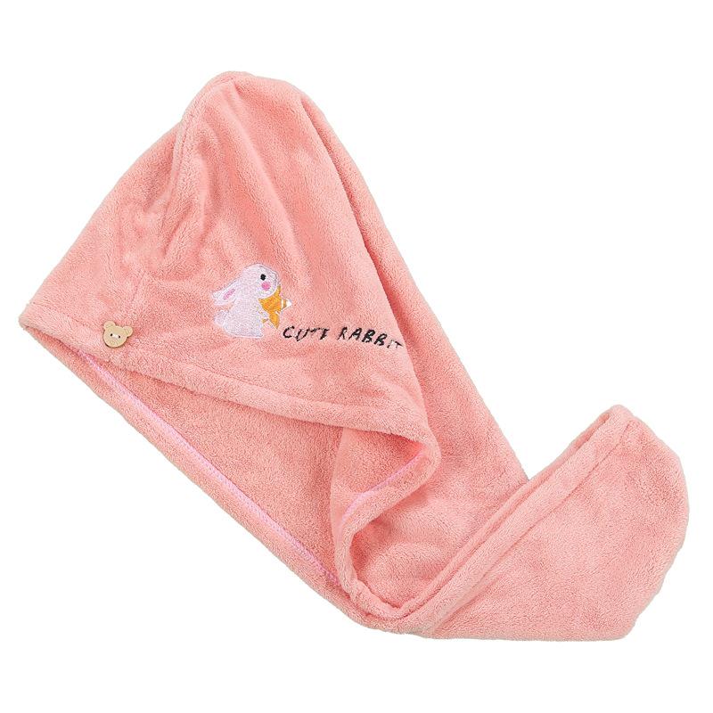 Cartoon Embroidery Coral Fleece Absorbent Dry Hair Cap for Women
