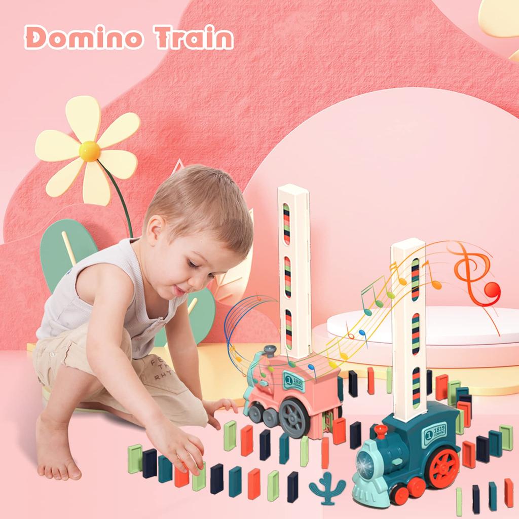 Elektrický domino vláček s 150 kostkami, automatické kladení, vzdělávací hračka, perfektní vánoční dárek - modrá a růžová varianta