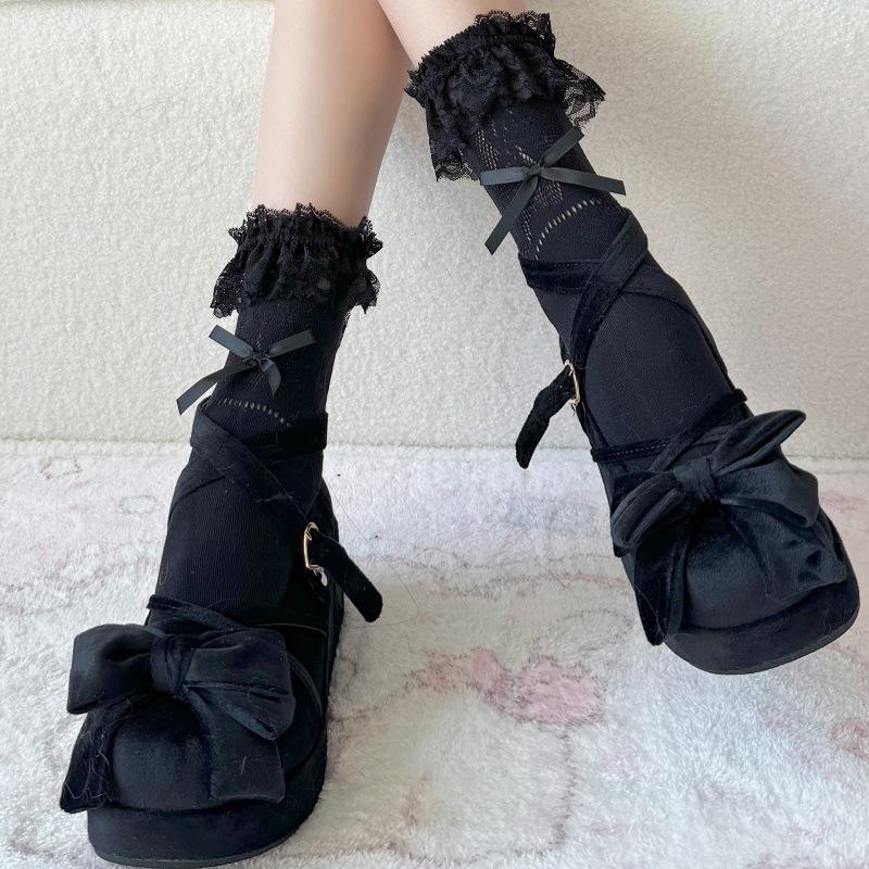 Lace Trim Lolita Ballet Bow Mid-Calf Socks - Spring/Summer Hollow Out Style