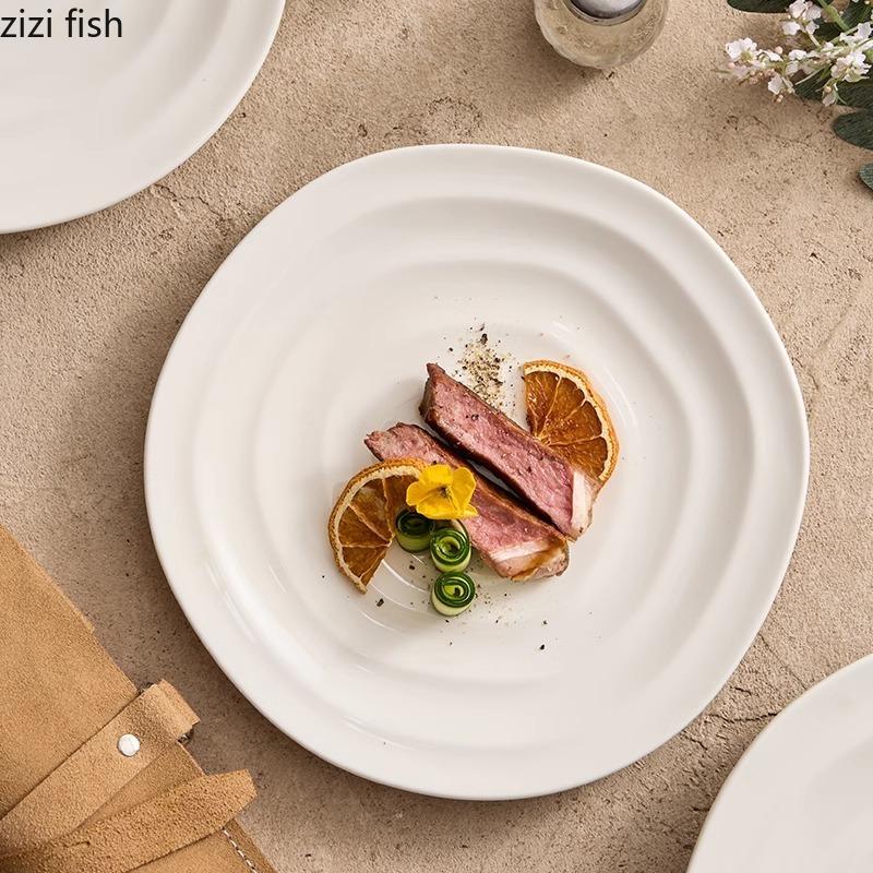 Keramikteller mit unregelmäßigem Faden, weiß, flacher Teller, Frühstücksteller, Dessertteller, Sushi-Teller, Hotel-Molekular-Food-Geschirr