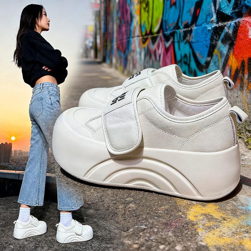 Ošklivě roztomilé dámské boty s velkou hlavou a silnou podrážkou, zvyšující výšku, nové podzimní všestranné sportovní a volnočasové boty na suchý zip pro ženy