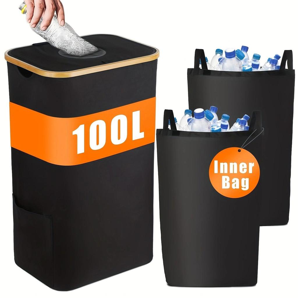 Foldable Bamboo Storage Bin with Lid for Kitchen Recycling