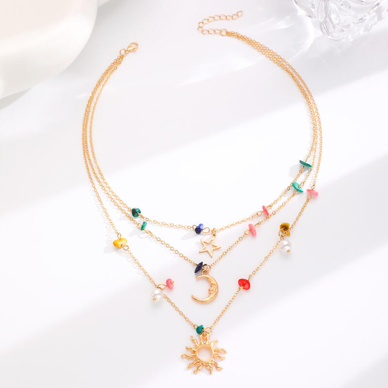 Boho Sun Star Moon Colorful Stones Necklaces for Women Men Multi Layer Stacking Pendant Necklaces Holiday Jewelry Accessories