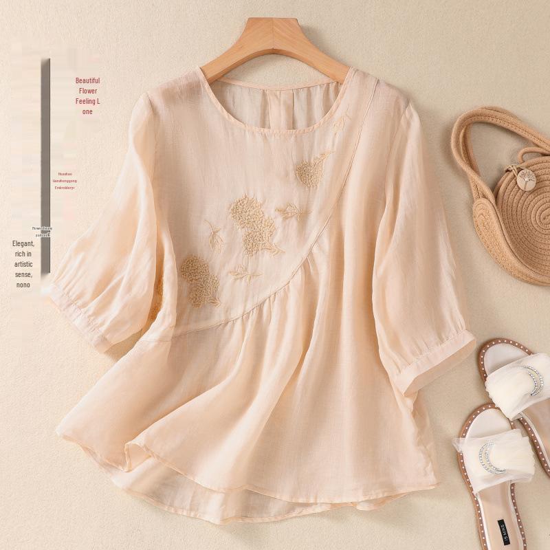 2023 Women's Literary Embroidery Cotton Linen Blouse - Summer Loose Pleated Pullover