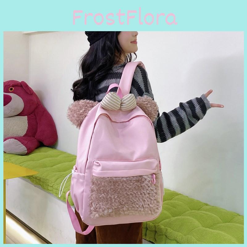 Plush Dog Bowknot Backpack With Zipper Design And Adjustable Shoulder Strap