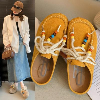 Fashion Women's Flat Shoes Cover Toe Slingback Lace-up String Bead One Kick Increased Internal Slippers All-match RetroSuede Women Shoes