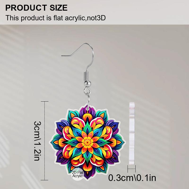 2D Flat Jewelry Cartoon Colorful Mandala Flowers Pattern Dangle Earring Daily Outfits Party Accessories Perfect Gift for Family/ Friends