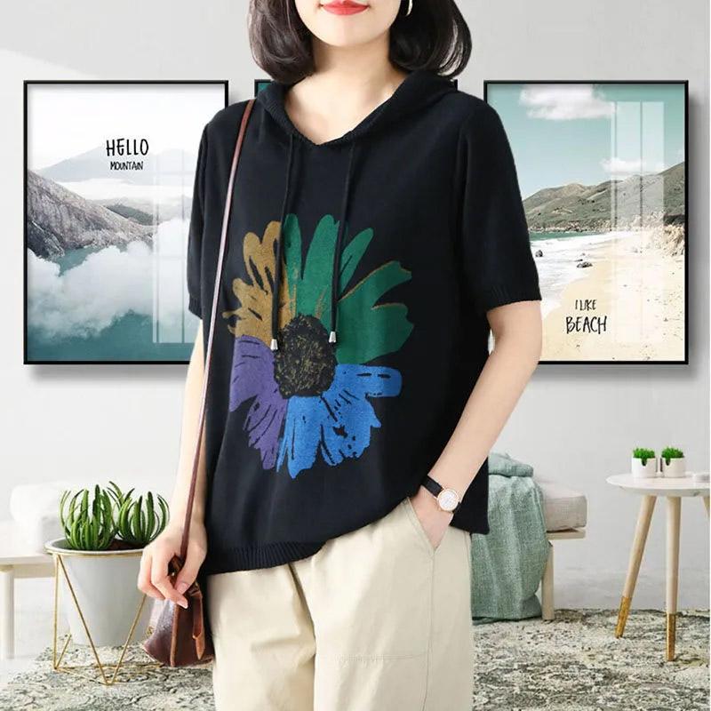 T-shirt for Women Summer Large Size Cotton Hooded Knit Short Sleeve Top Soft Loose Casual Comfortable Pullover T-shirt Top