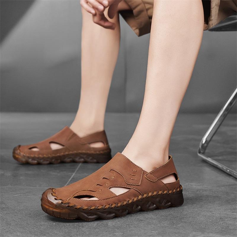 Men Outdoor Hiking Sandals Handmade Flats Black Summer Roman Sandals Retro Wide Leather Beach Shoes Over Sized