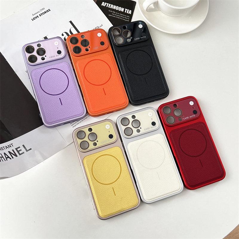 Lychee Pattern Magnetic Phone Case for iPhone 17 Pro Max with Built-in Lens Protector.