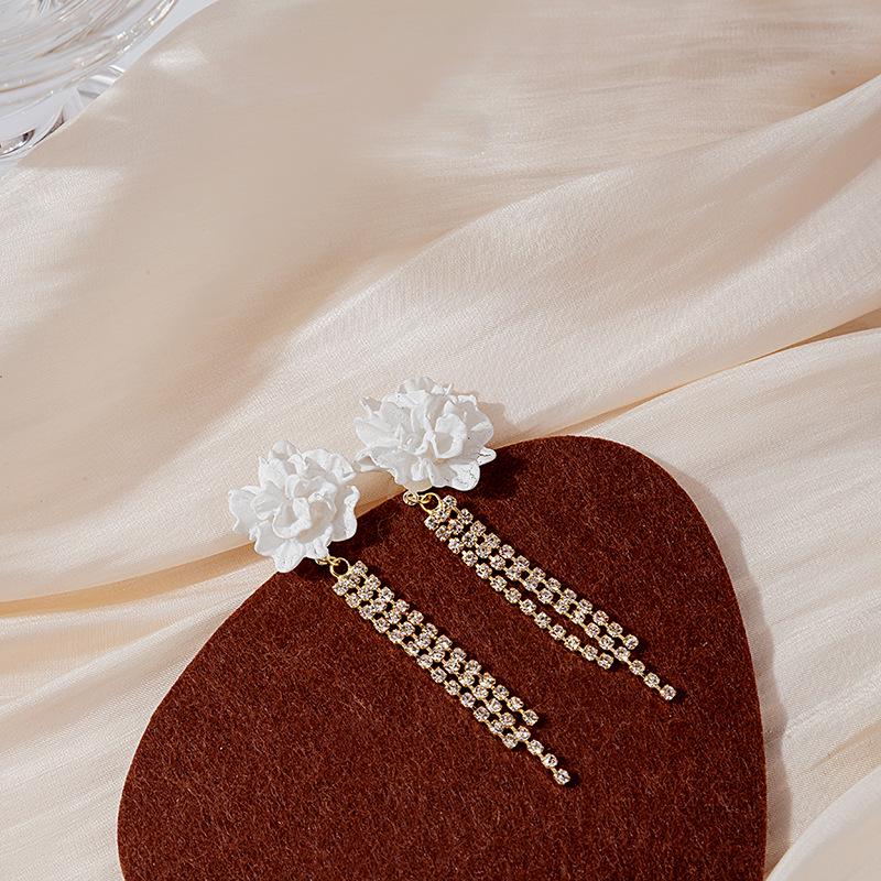 Baroque White Flower Stud Earrings with Micro-Paved Diamonds, Tassel Pearls & Water Drop Design