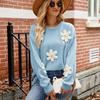 Women Loose Long Sleeve Knit Sweater Crew Neck Flower Crochet Casual