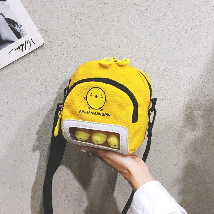New Cute Cartoon Chicken Canvas Shoulder Bags for Women Mini Crossbody Bag Transparent Window Mobile Phone Bag Lady's Square Bag
