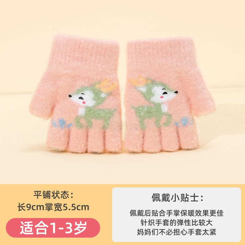 -Chłopiec i dziewczynka w wieku X lat jesień i zima rękawiczki dziecięce z dzianiny z połową palców, pogrubione, ciepłe, odporne na zimno, z uroczym kreskówkowym jelonkiem