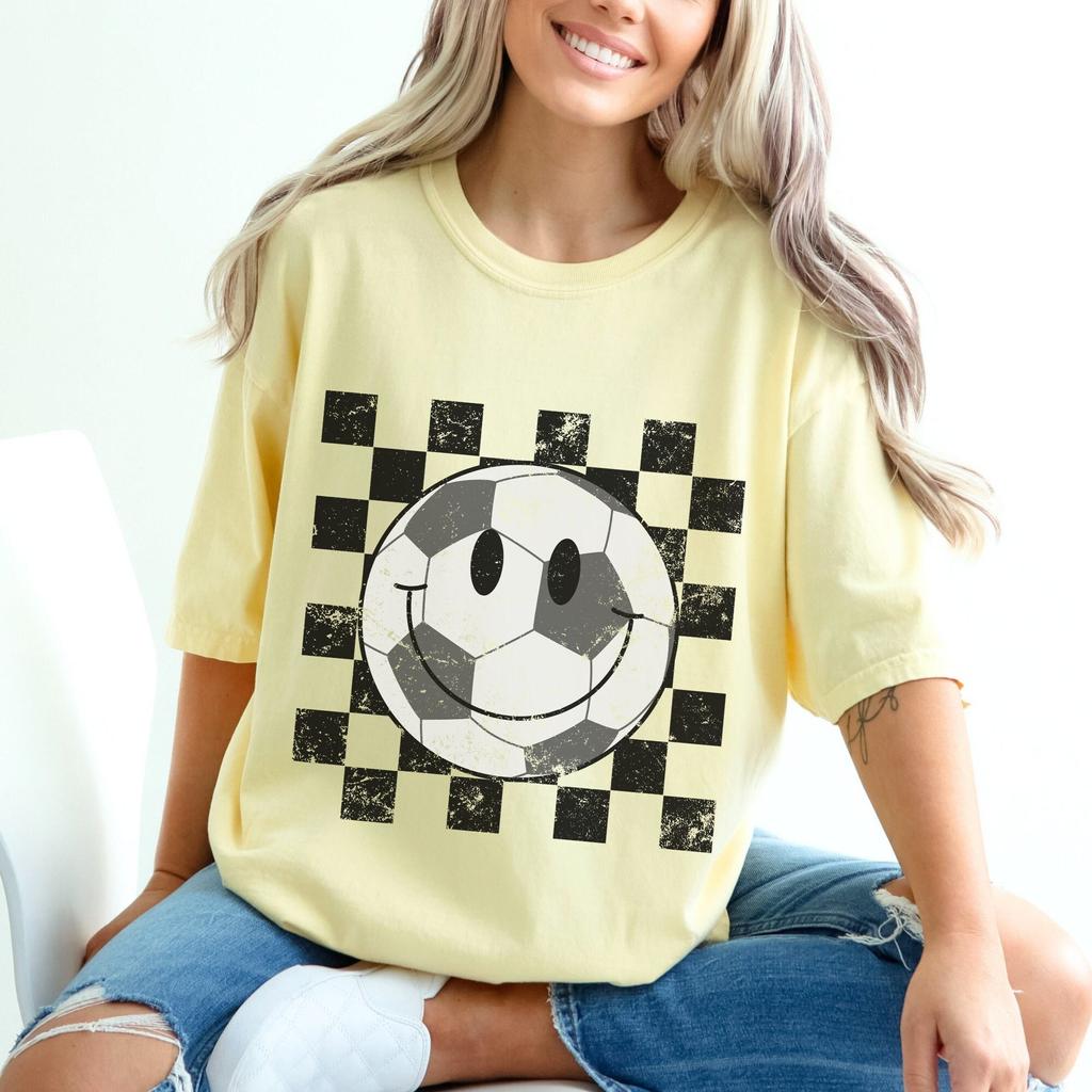 Soccer Ball Happy Face T-Shirt, Comfort Colors Soccer Shirt for Women, Graphic Sports Tee, Cute Soccer Mom Shirt, Gifts for Her