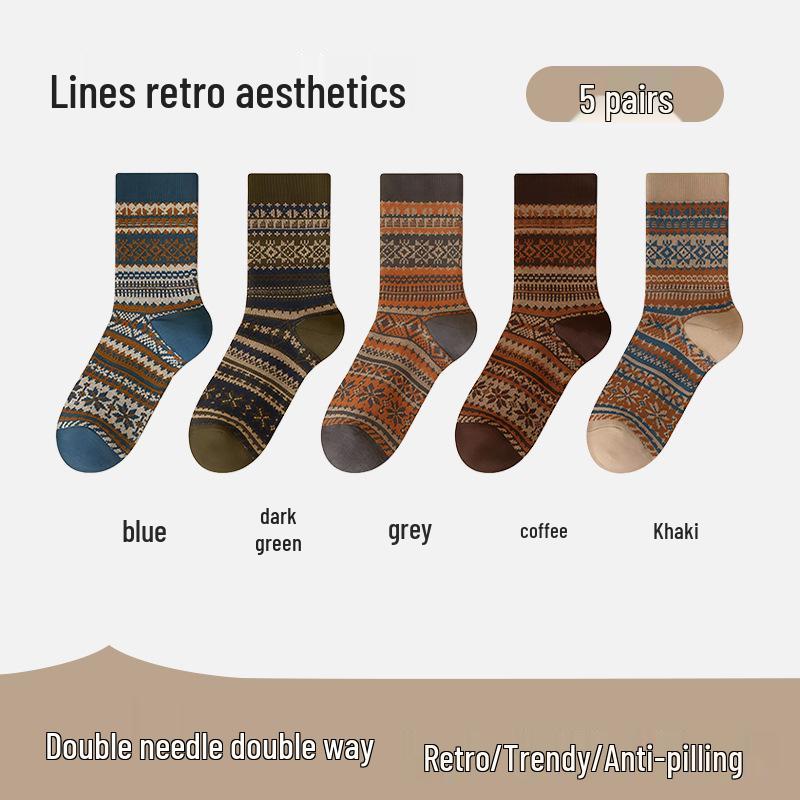 Herrensocken im Ethno-Stil, mittelhoch, doppelt gestrickt - Antibakteriell, Retro für Herbst/Winter