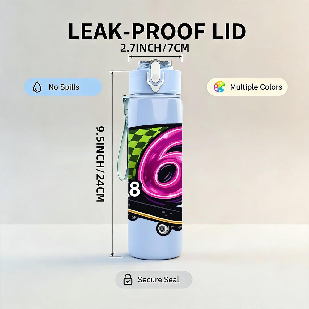 1PC Skateboard Six Number Logo 750ml Color Plastic Sports Water Bottle Leakproof Flip Straw Lid Suitable for Sports Office Home Use
