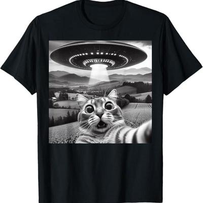 Cat Selfie With Alien UFO Funny S For Kids T Shirt