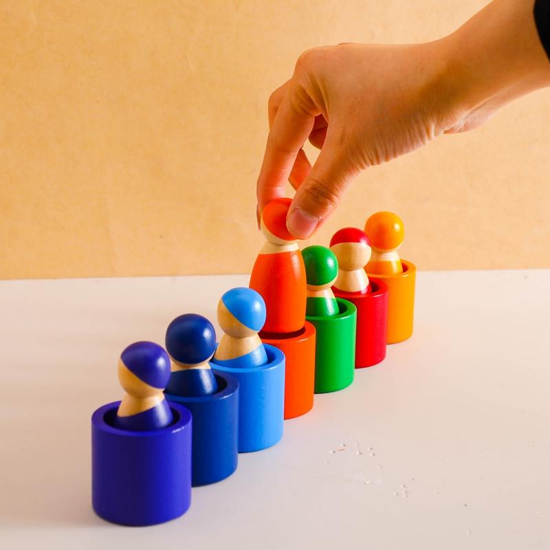 Montessori Rainbow Doll Wooden Toy Natural Wood Baby Hands-on Education Toy Puzzle Game Rainbow Building Block Children's Toy