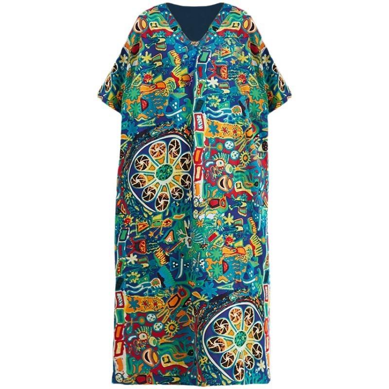 Real Shot Summer New Literary Large Size Loose Cotton and Linen Printing V-neck Short-sleeved Dress Women's Clothing