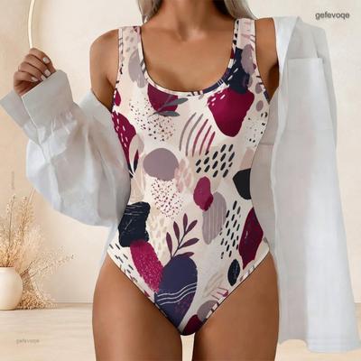 Women Plus Size Abstract Printed Scoop Neck Wide Straps High Cut One Piece Swimsuit