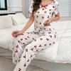 Women's Cherry Print Short Sleeve Pajamas with Long Pants and Turn-Down Collar
