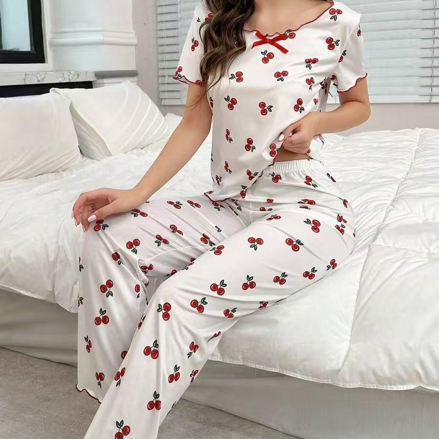 Women's Cherry Print Short Sleeve Pajamas with Long Pants and Turn-Down Collar
