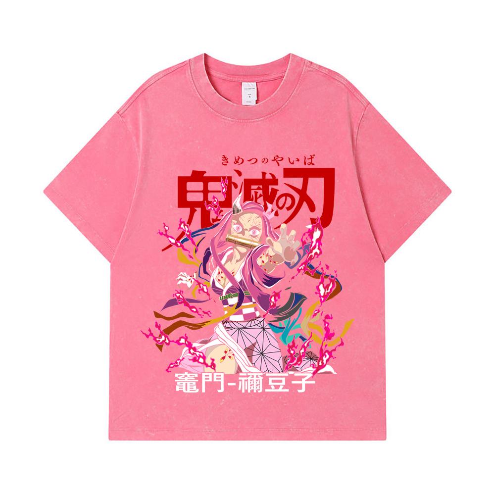 275 GSM Washed T-shirts 100% Cotton Demon Slayer V72 Nezuko Print Unisex Heavy Cotton T Shirt