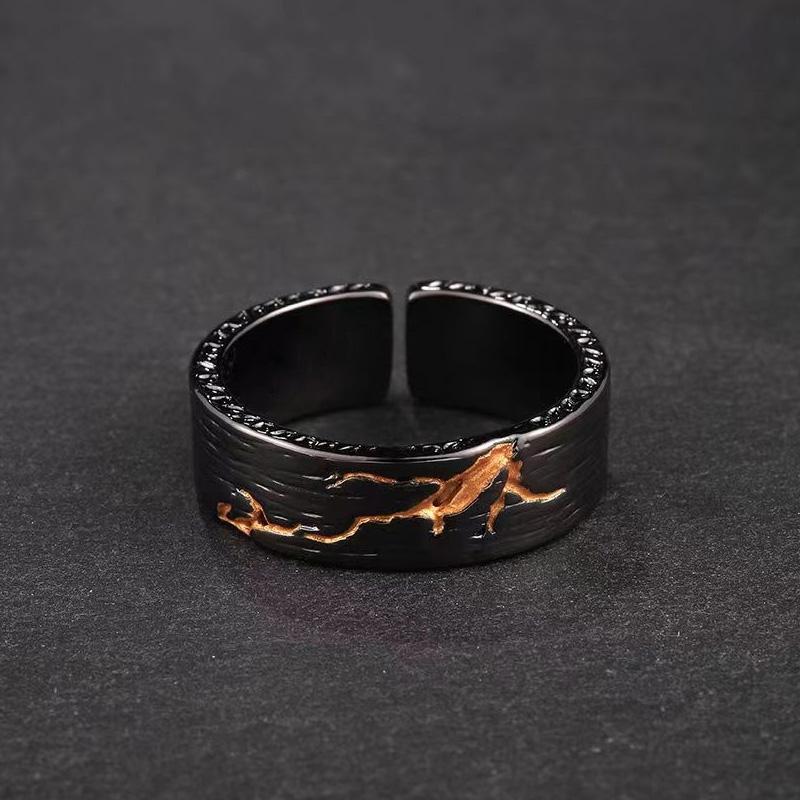 Personlity Adjustable Ring Male Copper Jewelry Opening Size Popular Gold Black Collision Lava Ring For Men Anniversaty Gift