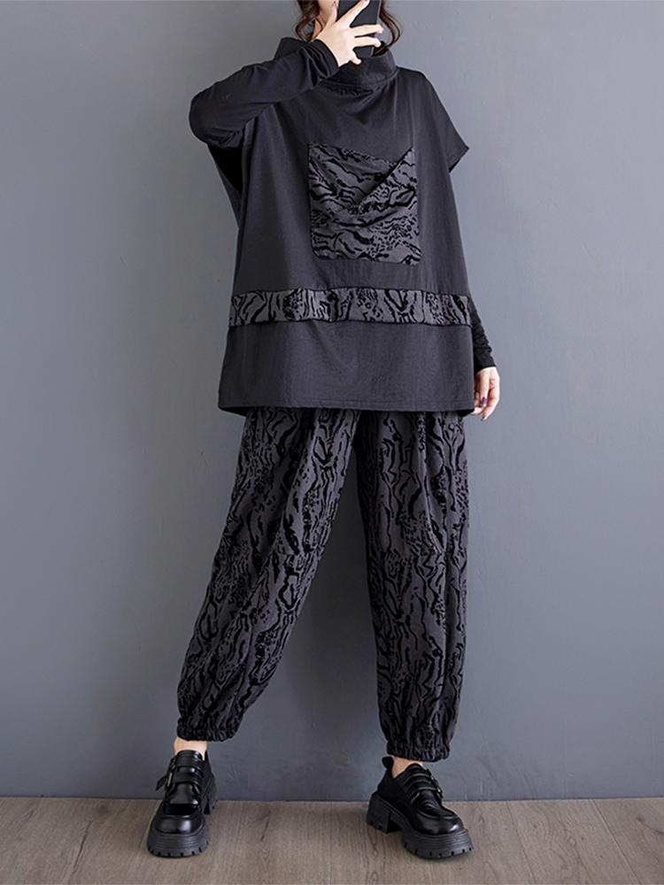 Xitao Pocket Patchwork Print Pant Sets LJ1088